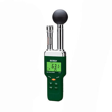 Wet Bulb Globe Temperature Heat Stress Meter, Backlit LCD Display, 32 to 138 deg F, 1 to 99% RH, +/-1.8 deg F, +/-3% RH