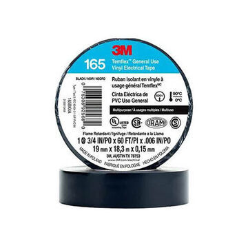 Tape Continuous Roll Electrical, 0.75 In X 60 Ft X 6 Mil, Rubber Adhesive, Pvc, Black