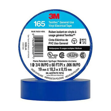 Tape Continuous Roll Electrical, 0.75 In X 60 Ft X 6 Mil, Rubber Adhesive, Pvc, Blue