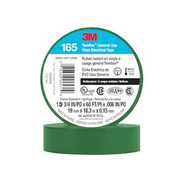 Tape Continuous Roll Electrical, 0.75 In X 60 Ft X 6 Mil, Rubber Adhesive, Pvc, Green