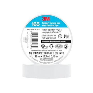 Tape Continuous Roll Electrical, 0.75 In X 60 Ft X 6 Mil, Rubber Adhesive, Pvc, White