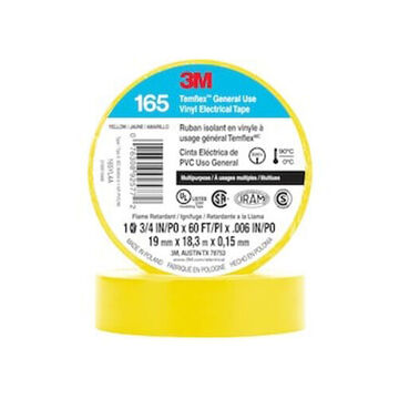 Tape Continuous Roll Electrical, 0.75 In X 60 Ft X 6 Mil, Rubber Adhesive, Pvc, Yellow