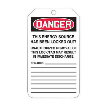 Safety Tag, 6-1/4 in ht, 3 in wd, Black/Red on White, 3/8 in Dia, PF-Cardstock
