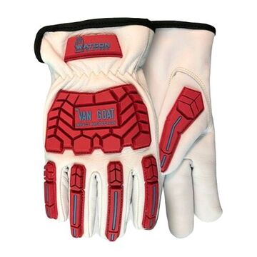 Gloves Cut Resistant Sleeve, Goatskin Grain Leather Palm, Off-white/red