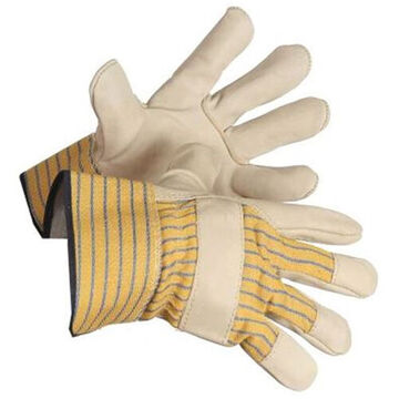 Work Gloves, Grain Cowhide Leather Palm, Yellow Strip