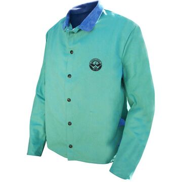 Welding Jacket, X-Large, Blue/Green, Canvas, Leather Collar, Metal Snap