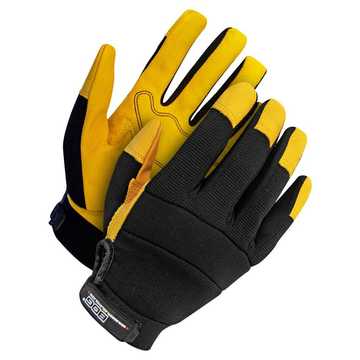 Mechanic, Performance, Leather Gloves, Black/yellow, Spandex Backing