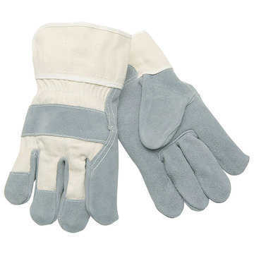 Work Gloves, Double Leather Palm, Gray, Wing Thumb, Cowhide Leather