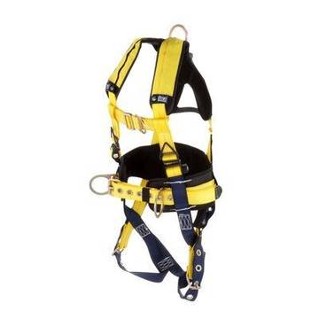 Positioning/Climbing Harness, Medium, 420 lb, Yellow, Repel Polyester, Construction, Vest, Zinc Plated Steel, Aluminum, Stainless Steel Torso Buckle, Stainless Steel Grommet Leg Buckle, Zinc Plated Steel Chest Buckle