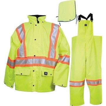 Safety Storm Suit Sz. Lrg 4in Csa Stripe Fluorescent Yellow W/hood As Carrying Case