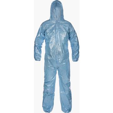 Hooded, Disposable, Chemical And Flame Resistant Protective Coverall, X-large, Sky Blue, Flame Resistant Fabric With 2.5 Mil Clear Pvc Proprietary Film