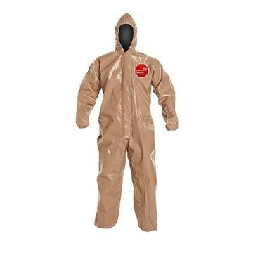 Hooded, Chemical Resistant Protective Coverall, X-large, Tan, Tychem® 5000 Fabric, For Chemical Handling