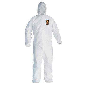 Hooded Disposable Coverall, L, White, Micro Force Barrier SMS, 28-1/4 in Chest, 40 in Inseam lg