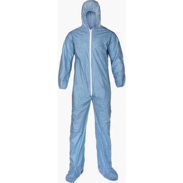 Hooded, Disposable, Flame Resistant Protective Coverall, Blue, 65 Gsm Spunlaced Wood Pulp, Pe 25/cs