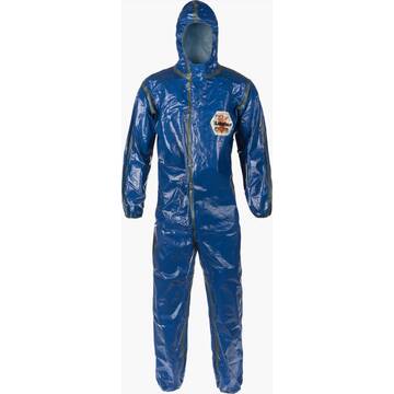 Disposable, Respirator Fit Hood Protective Coverall, 5X-Large, Dark Blue, Fire Resistance Treated Spunlace Non-Woven Substrate with Proprietary Highly Chemically Resistant Barrier Film