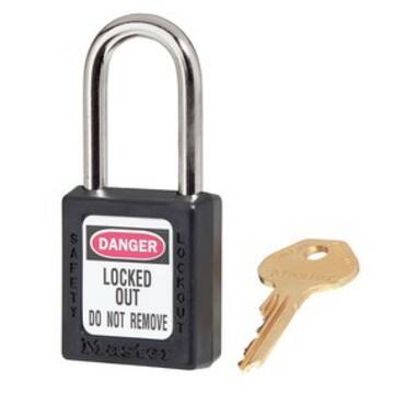 Safety Padlock, 1/4 in x 25/32 in x 1-1/2 in Shackle, 1-1/2 in x 1-3/4 in Body, Hardened Steel Shackle, Thermoplastic Body, Black, Open Type Shackle, Different Key
