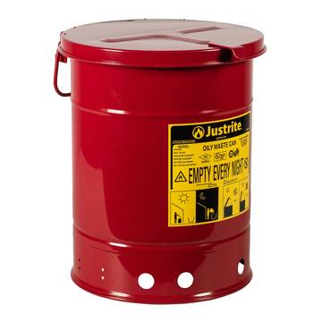 Hand-Operated Oily Waste Can, 6 gal, 11.875 in dia, 15.875 in ht, Steel, Red