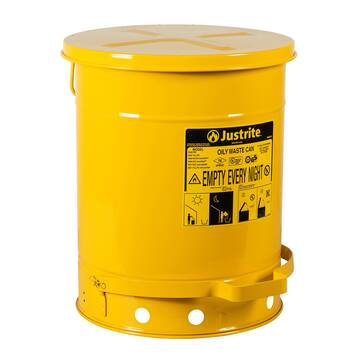 Hands-Free Oily Waste Can, 10 gal, 13.938 in dia, 18.25 in ht, Steel, Yellow