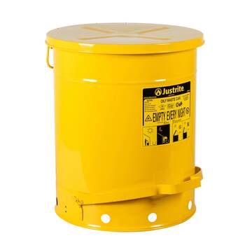 Oily Waste Can, 14 Gallon, Foot-operated Self-closing Cover, Yellow