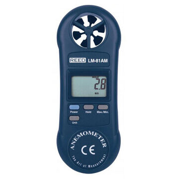 Compact Anemometer, Rotating Vane, LCD Display, 80 to 5910 fpm, 32 to 122 deg F