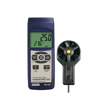 Data Logging Thermo Anemometer, Rotating Vane, LCD Display, 79 to 6890 fpm, 32 to 122 deg F