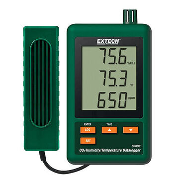 CO2/Humidity/Temperature Data Logger, 0 to 4, 000 ppm, 10 to 90%, 32 to 122 deg F