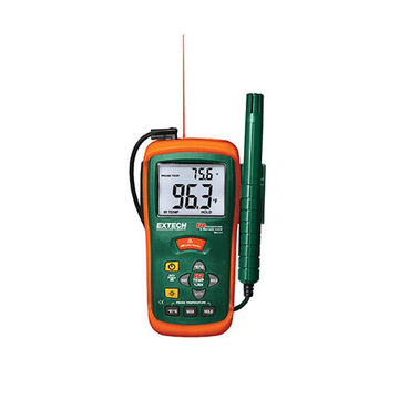 Infrared Thermo Hygrometer, LCD, -58 to 932 deg F (-50 to 500 deg C) Infrared, -4 to 140 deg F (-20 to 60 deg C) Air, 10 to 95%