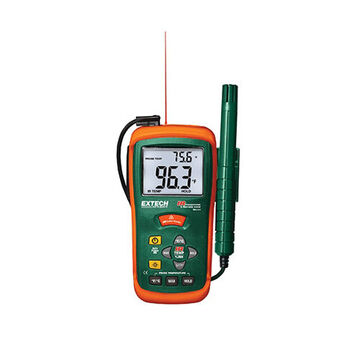 Thermo-hygromètre infrarouge, LCD, -58 à 932 degré F (-50 à 500 degré C) Infrarouge, -4 à 140 degré F (-20 à 60 degré C) Air, 10 à 95%