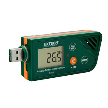 USB Humidity/Temperature Logger, 0.1 to 99.9% RH, -22 to 158 deg F, 30 sec to 2 hr Datalogging Interval