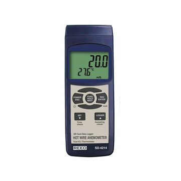 Data Logging Thermo Anemometer, Hot Wire and Thermistor, Backlit LCD Display, 40 to 3940 fpm, 32 to 122 deg F