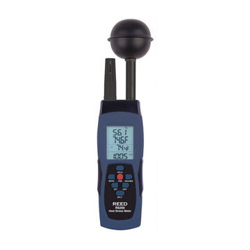 Heat Stress Meter, LCD, 32 to 122 deg F, 5 to 95% RH, 0.1% RH, 300 to 1100 hPa (inHg, mmHg Switchable)