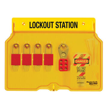 Filled Padlock Station, Yellow, Polycarbonate, Anodized Aluminum Padlock, 16 in x 12-1/4 in x 1-3/4 in