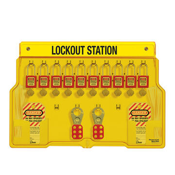 Filled Padlock Station, Yellow, Polycarbonate, Thermoplastic Padlock, 22 in x 15-1/2 in x 1-3/4 in