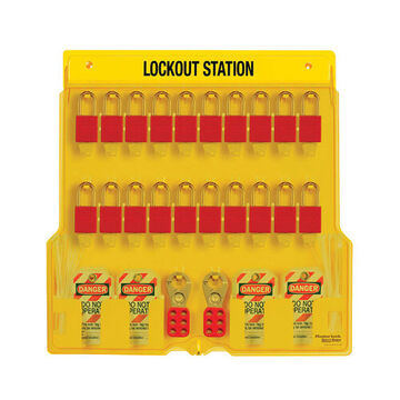 Filled Padlock Station, Yellow, Polycarbonate, Anodized Aluminum Padlock, 22 in x 22 in x 1-3/4 in