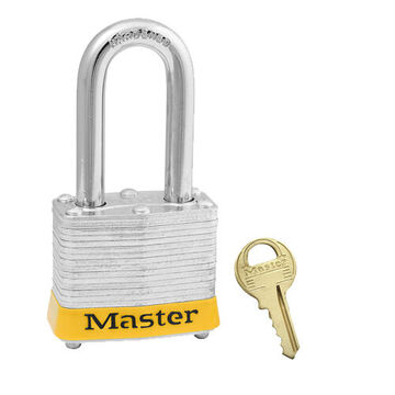 Cadenas de sécurité, manille 9/32 pouce x 5/8 pouce x 1-1/2 pouce, corps 1-9/16 pouce x 1-1/4 pouce, anse en acier trempé, corps en acier laminé, jaune, manille ouverte, Clé identique