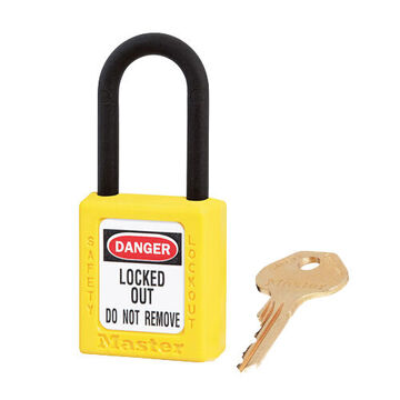 Safety Padlock, 1/4 in x 25/32 in x 1-1/2 in Shackle, 1-1/2 in x 1-3/4 in Body, Plastic Shackle, Thermoplastic Body, Open Type Shackle, Different Key