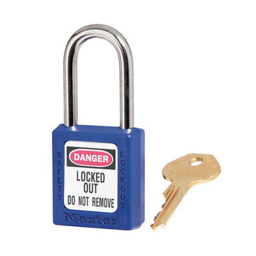 Safety Padlock, 1/4 in x 25/32 in x 1-1/2 in Shackle, 1-1/2 in x 1-3/4 in Body, Hardened Steel Shackle, Thermoplastic Body, Blue, Open Type Shackle, Different Key