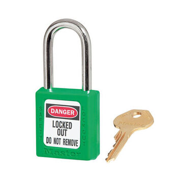 Safety Padlock, 1/4 in x 25/32 in x 1-1/2 in Shackle, 1-1/2 in x 1-3/4 in Body, Hardened Steel Shackle, Thermoplastic Body, Green, Open Type Shackle, Different Key