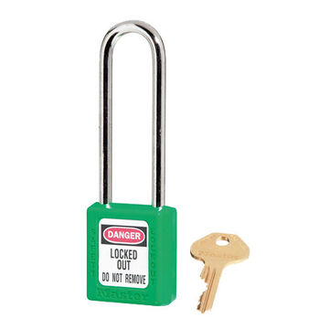 Safety Padlock, 1/4 in x 25/32 in x 3 in Shackle, 1-1/2 in x 1-3/4 in Body, Hardened Steel Shackle, Thermoplastic Body, Green, Open Type Shackle, Alike Key