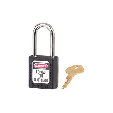 Safety Padlock, 1/4 in x 25/32 in x 1-1/2 in Shackle, 1-1/2 in x 1-3/4 in Body, Hardened Steel Shackle, Thermoplastic Body, Black, Open Type Shackle, Alike Key