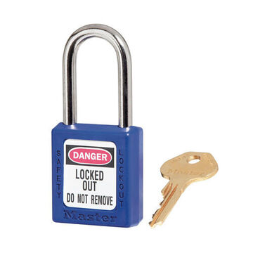 Safety Padlock, 1/4 in x 25/32 in x 1-1/2 in Shackle, 1-1/2 in x 1-3/4 in Body, Hardened Steel Shackle, Thermoplastic Body, Blue, Open Type Shackle, Alike Key