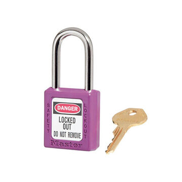 Safety Padlock, 1/4 in x 25/32 in x 1-1/2 in Shackle, 1-1/2 in x 1-3/4 in Body, Hardened Steel Shackle, Thermoplastic Body, Purple, Open Type Shackle, Different Key