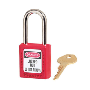 Safety Padlock, 1/4 in x 25/32 in x 1-1/2 in x 1-1/2 in x 1-3/4 in, Hardened Steel Shackle, Red