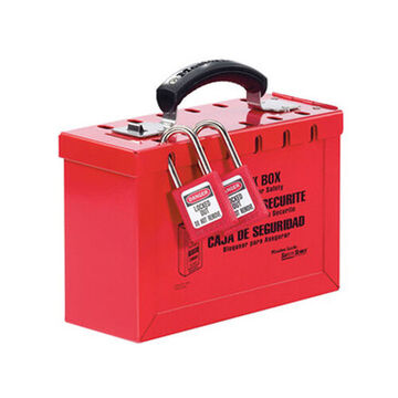 Boîte de verrouillage portative, 9-1/4 pouce x 6 pouce x 3-3/4 pouce, rouge, acier