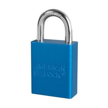 Safety Padlock, 1/4 in x 25/32 in x 1 in Shackle, 1-1/2 in x 1-7/8 in Body, Chrome Plated Boron Alloy Shackle, Anodized Aluminum Body, Blue, Open Type Shackle, Different Key