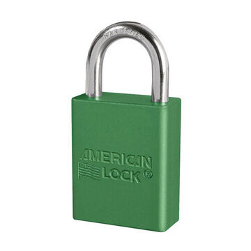 Safety Padlock, 1/4 in x 25/32 in x 1 in Shackle, 1-1/2 in x 1-7/8 in Body, Chrome Plated Boron Alloy Shackle, Anodized Aluminum Body, Green, Open Type Shackle, Different Key