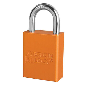 Safety Padlock, 1/4 in x 25/32 in x 1 in Shackle, 1-1/2 in x 1-7/8 in Body, Chrome Plated Boron Alloy Shackle, Anodized Aluminum Body, Orange, Open Type Shackle, Different Key