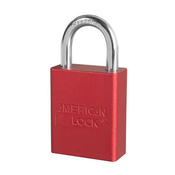 Safety Padlock, 1/4 in x 25/32 in x 1 in Shackle, 1-1/2 in x 1-7/8 in Body, Chrome Plated Boron Alloy Shackle, Anodized Aluminum Body, Red, Open Type Shackle, Different Key
