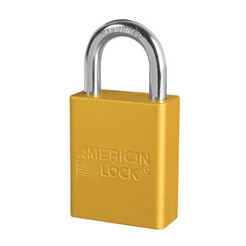 Safety Padlock, 1/4 in x 25/32 in x 1 in Shackle, 1-1/2 in x 1-7/8 in Body, Chrome Plated Boron Alloy Shackle, Anodized Aluminum Body, Yellow, Open Type Shackle, Different Key