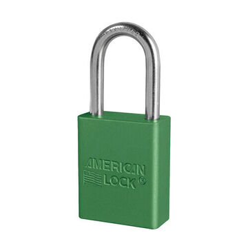 Safety Padlock, 1/4 in x 25/32 in x 1-1/2 in Shackle, 1-1/2 in x 1-7/8 in Body, Chrome Plated Boron Alloy Shackle, Anodized Aluminum Body, Green, Open Type Shackle, Different Key